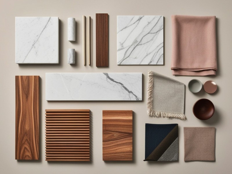 Sammeln Sie alle Farben und Materialien, die Ihnen ein gutes Gefühl geben Moodboard mit gemasertem Holz in warmen Tönen, Stoffen in rosé und grau, hellem Marmor und Schalen in Berry-Tönen